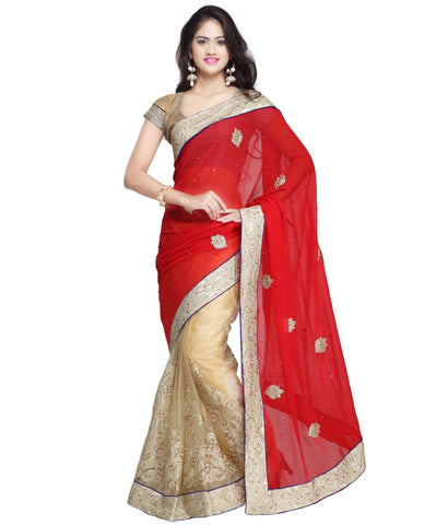 Bridal Red & Beige Color Net Saree Designed With Patch, Stone, Lace Border Work Designer Net Sarees