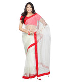 White Color Net Saree Designed With Embroidery & Lace Work