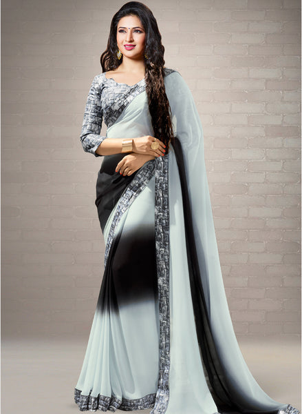 Grey & Black Printed Saree with Designer Border Saree with Blouse