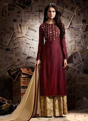 Sharara Suits Online Maroon Palazzo Style Zari Embroidered Party Wear Sharara Suits