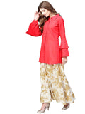 Shirt Top With Long Skirt Set - Indowestern Red Shirt With Off White & Gold Skirt Set