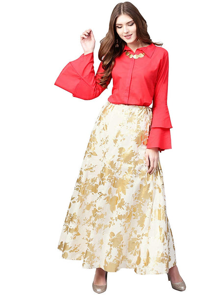 Shirt Top With Long Skirt Set - Indowestern Red Shirt With Off White & Gold Skirt Set