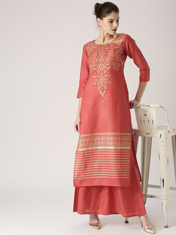 Shop Online Palazzo Suits Designer Coral Red Golden Print Kurta With Palazzos