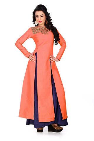 Shop Online Palazzo Suits Orange & Navy Blue Front Slit Open Salwar Suit For Girl
