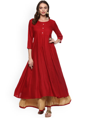 Shop Online Palazzo Suits Plain Red Solid Kurta With Beige Palazzo