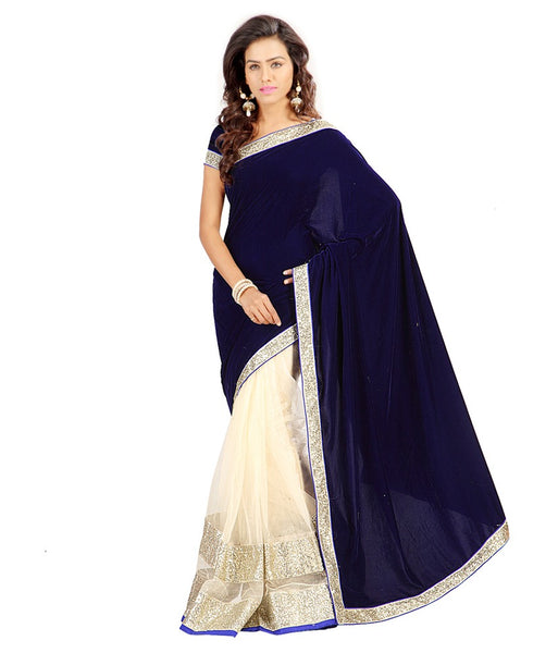 Designer Half And Half Velvet Saree Silver Lace Border Net Saree