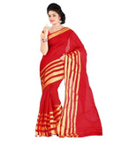 Designer Red Cotton Sari With Golden Lines Print Casual Wear Pure Cotton Saree For Women