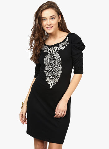 black-embroidered-shift-dress-3/4th-sleeves-designer-dress-sft09