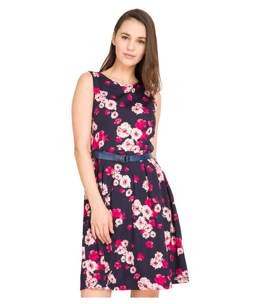 Latest Casual Multicolor Polyester Floral Print Sleeveless Midi Dress With belt