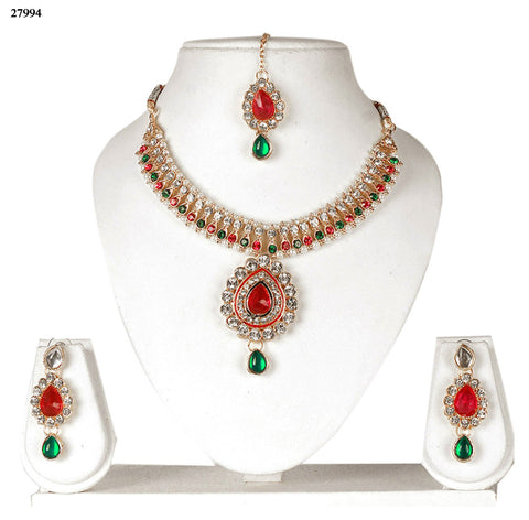 Trendy Choker Jewelry Online Green & Red Colored Alloy With Moti & Diamond Choker Necklace