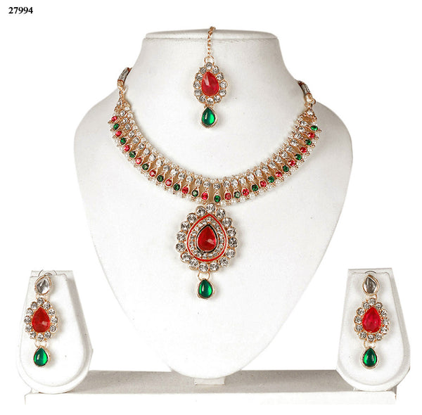 Trendy Choker Jewellery Online Green & Red Colored Alloy With Moti & Diamond Choker Necklace