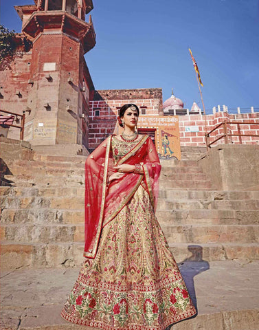Trendy Ghagra Choli Bridal Beige Color Royal Art Silk Heavy Floral Embroidered Semi Stitched Lehenga Choli