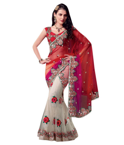 Designer Net Sarees Red & White Color Floral Embroidery & Stone Work Net Sarees