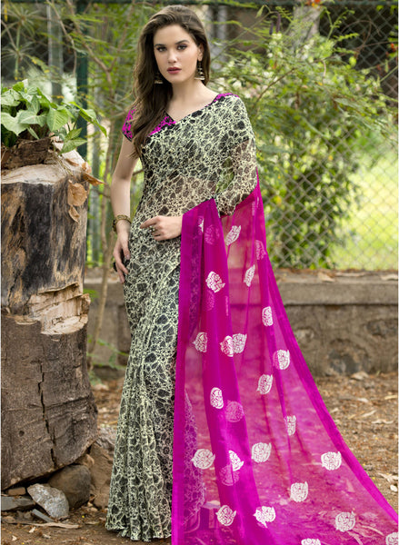 Designer Pink & Black Printed Saree Latest Designer Chiffon Printed Sarees
