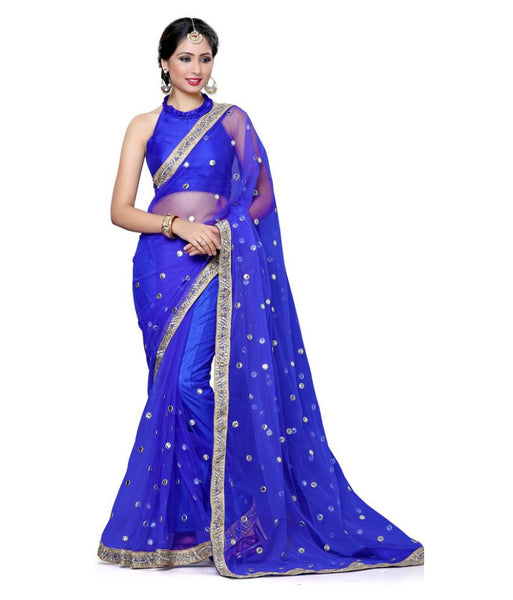 Designer Net Sarees Blue Color Butti & Embroidery Lace Border Work Net Saree For Women