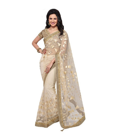 Beige Color Net Saree Designed With Golden Embroidery & Lace Border Work