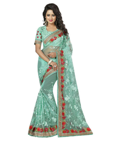 Designer Net Sarees Sea Green Color Rose Embroidery Border Work Net Saree