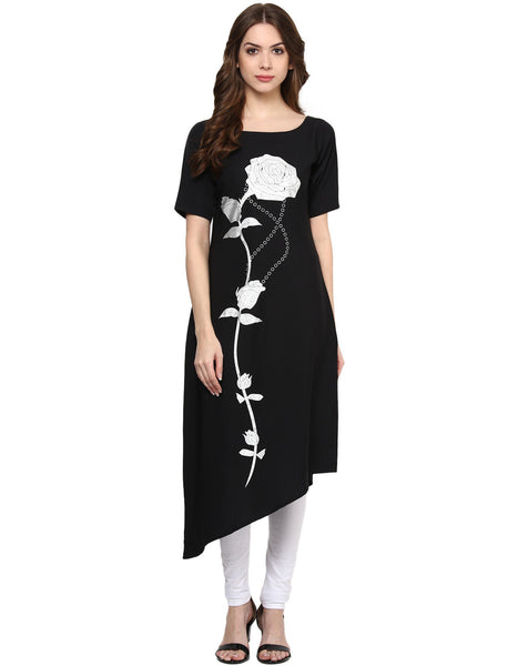 Designer Crepe Kurtis Online Black Color Floral Print Long Crepe Stitched Kurti
