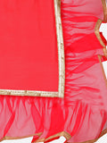 Women Red Solid Poly Crepe Ruffle Saree