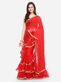 Women Red Solid Poly Crepe Ruffle Saree
