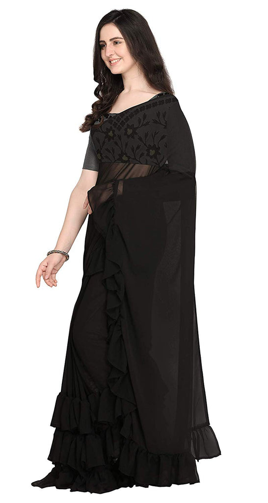 Georgette Plain Black Ruffle Saree | Ruffle Saree with Blouse ...