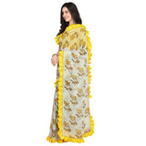 Women's Light Green and Yellow Poly Georgette Printed Ruffle Saree