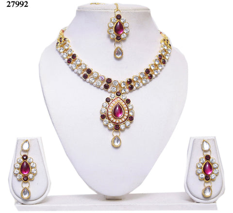 Women's Chokers Jewelry Magenta & White Colored Alloy With Moti & Diamond Choker Necklace