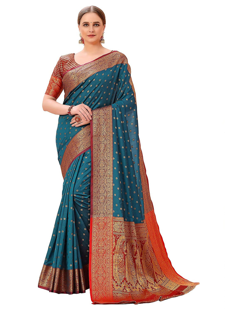 Tvis and Bliss. Olive Yellow and Sky Blue Checks Pure Kanchi Cotton saree  withTemple and Rudraksh Border