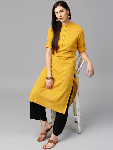 Yellow & Black Cotton Long Kurta With Palazzo Salwar Suits Online