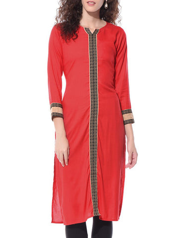 Designer Long Kurtis & Kurtas For Women Red Rayon Kurta