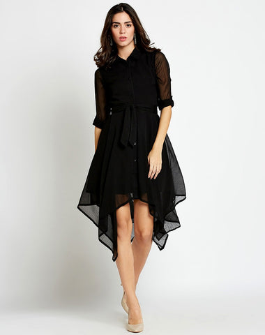 black-dress-designer-asymmetrical-shirt-dress-with-3/4-sleeves
