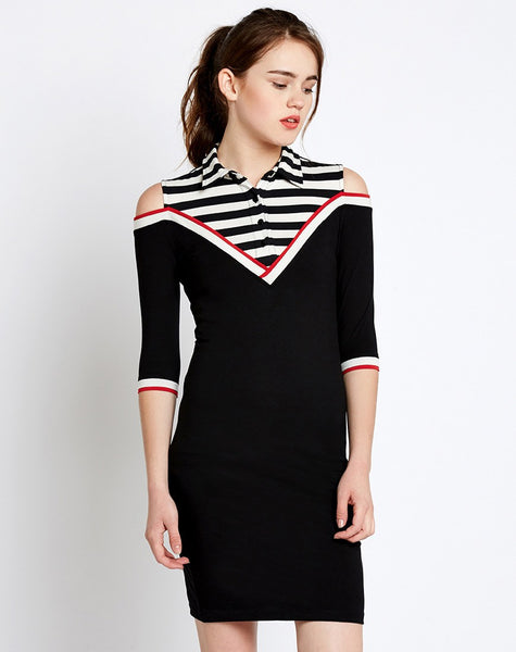 black-cold-shoulder-long-sleeve-bodycon-dress-stripes-print-
