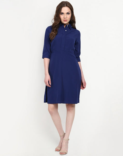 Shop online Dark Blue Shrit Style Midi Dress With Collar & Full Sleeves ...