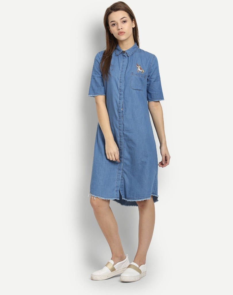Shop Online Blue Denim Embroidered Half Sleeves Shirt Dress Designer ...