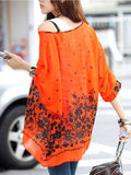 New Fashion Style Tops Casual Flower Print Orange Chiffon Blouse Top