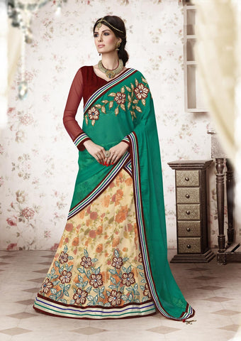 Emrald Green & Cream Colored Net Heavy Embroidered Lehenga Choli