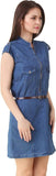 Shift Blue Denim Midi Dress Front Open Zip Closure Chinese Collar Style Midi Jeans Dresses