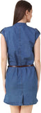 Shift Blue Denim Midi Dress Front Open Zip Closure Chinese Collar Style Midi Jeans Dresses