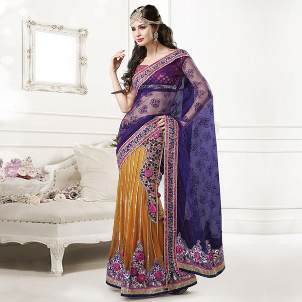 Designer Lehenga Saree Purple Mustard Net, Georgette Bridal Lehenga Saree With Embroidered And Flower Patch Work