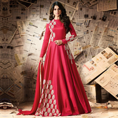 Festival Offer Designer Red Embroidered Work Silk Anarkali Suit Floor Length Salwar Suit