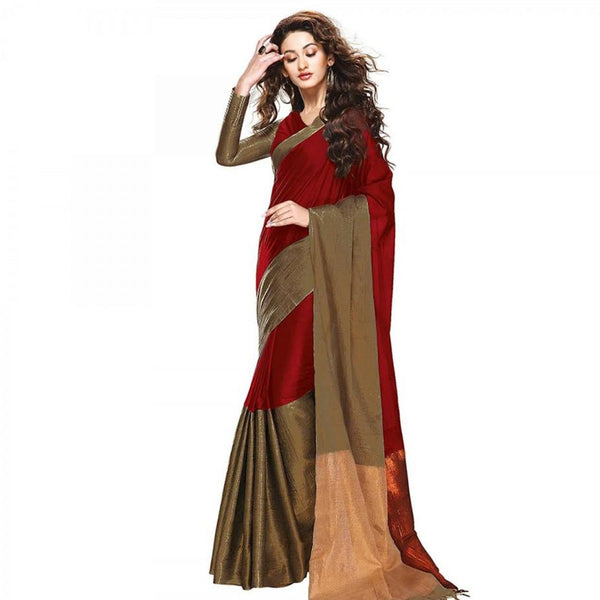 Red And Gold Printed Cotton Silk Saree With Blouse