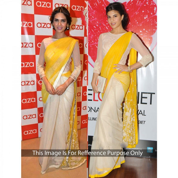 jacqueline-fernandez's-designer-bollywood-sarees-cream-and-yellow-half-&-half-bollywood-sarees-with-floral-embroidery