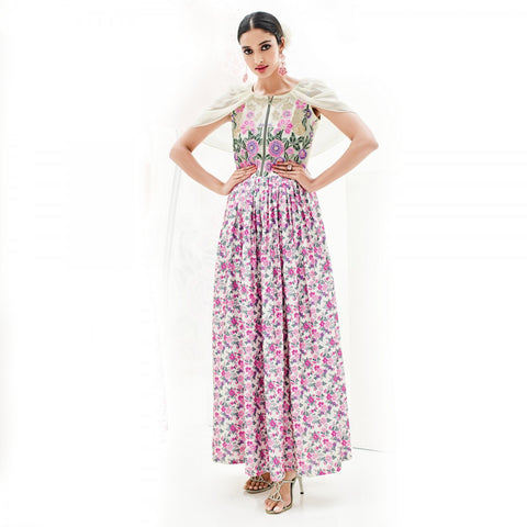 Eid Special: Designer Cream & Pink Colored Georgette And Japan Satin Floral Embroidery Stitched Kurti