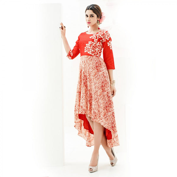 Eid Offer: Designer Red Colored Rayon Print Floral Embroidery Stitched Partywear Kurti