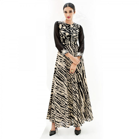 Eid Special: Designer Black And Cream Colored Banglori Silk Partywear Embroidered Stitched Kurti