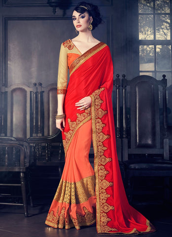 Designer Red And Orange Colored Marble Fancy Partywear Half & Half Patch Border & Stone Work Saree