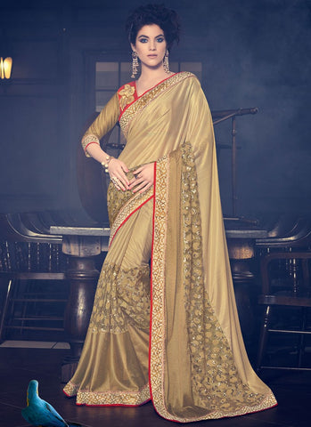 Partwear Gold Colored Fancy Net Stone Work, Cut Paste And Designer Saree