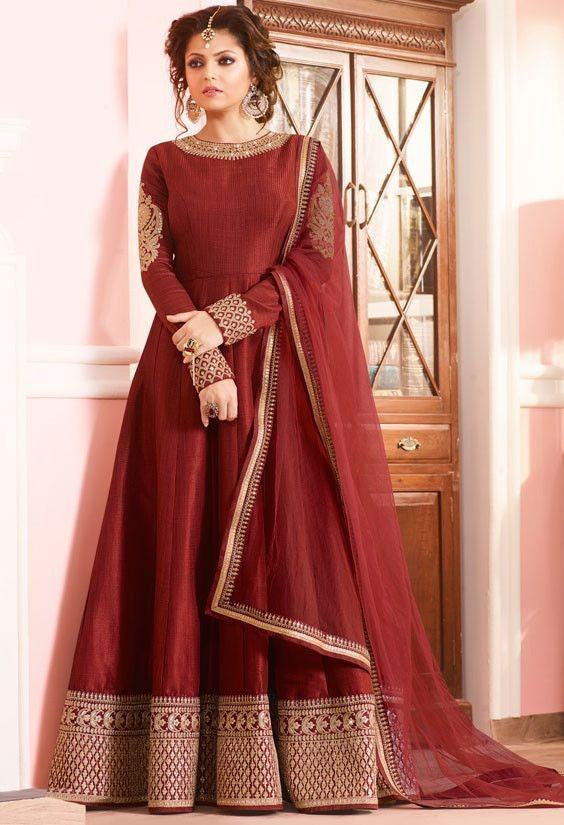 Buy Maroon Color Real Georgette Fabric Wedding Anarkali Suit Online   SALV3511  Appelle Fashion