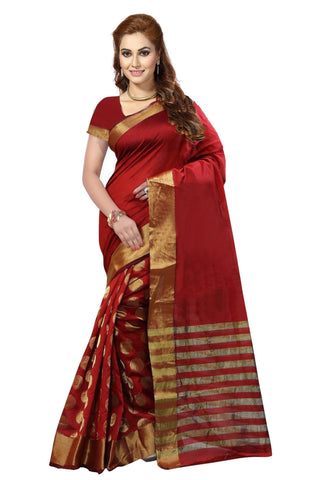 Designer Maroon Casual Wear Cotton Silk Saree With Broad Border And Golden Circle Print Pure Cotton Silk Sari