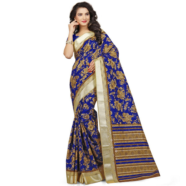 Designer Blue Poly Cotton Sarees Floral Print Cotton Sari For Women